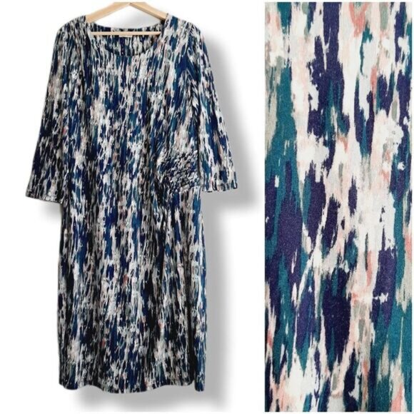 EASTEX \ Soft Jersey Midi Dress Multicolor Abstract Print Blue & White Sz 16 - Picture 2 of 13